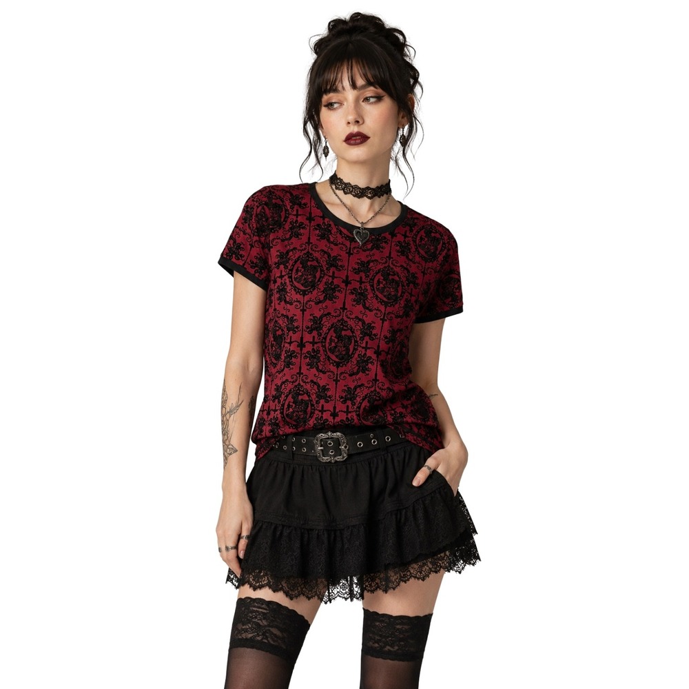 Knobs Ryan Hill Velvet Mesh Day of Dead Cameo Cross Goth Top Large Red Black NEW